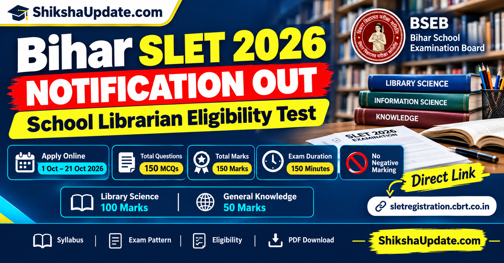 Bihar SLET Exam Date 2026 19 November to 10 December School Librarian Eligibility Test