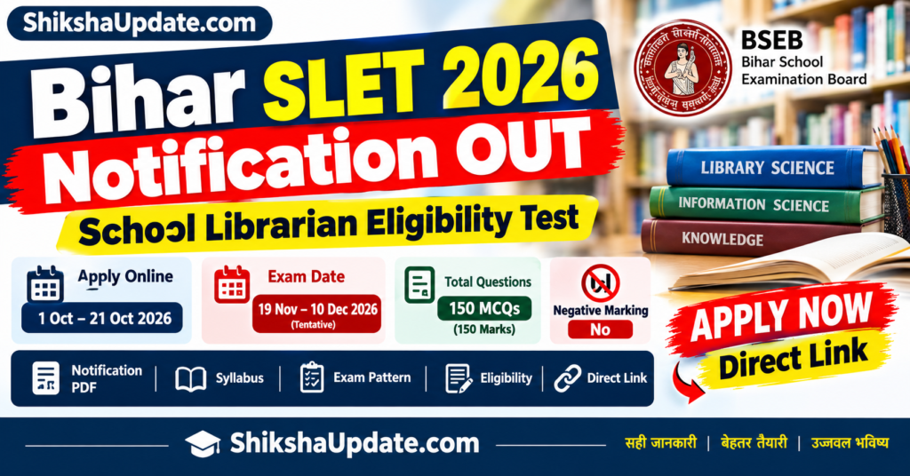 Bihar SLET Notification 2026 OUT School Librarian Eligibility Test Apply Online Exam Date